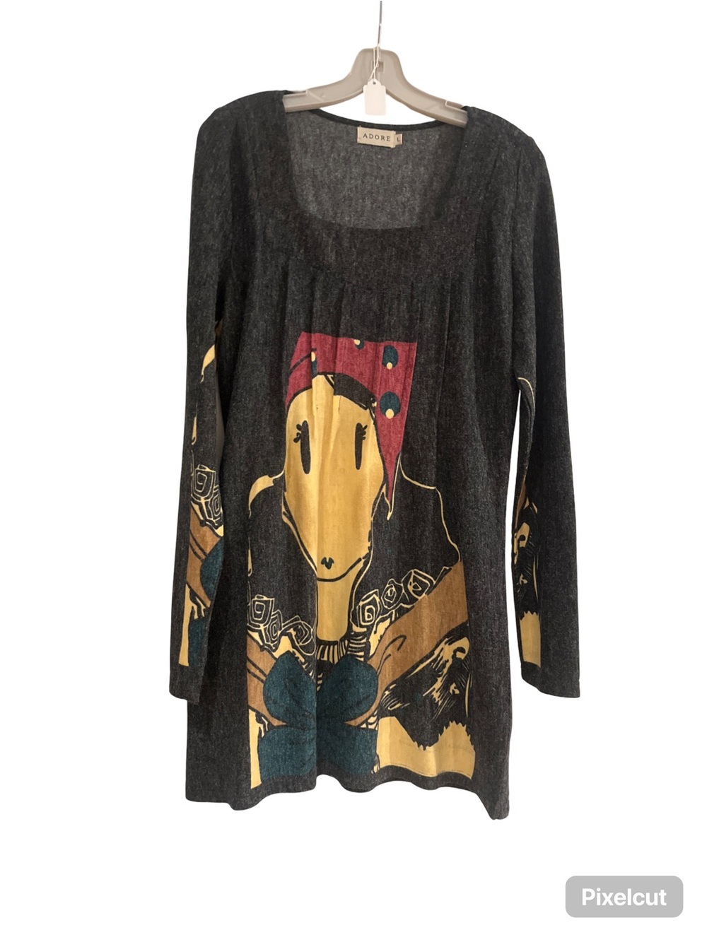 Adore Charcoal Scoop-Neck Graphic Sweater Dress with Yellow & Teal Accents